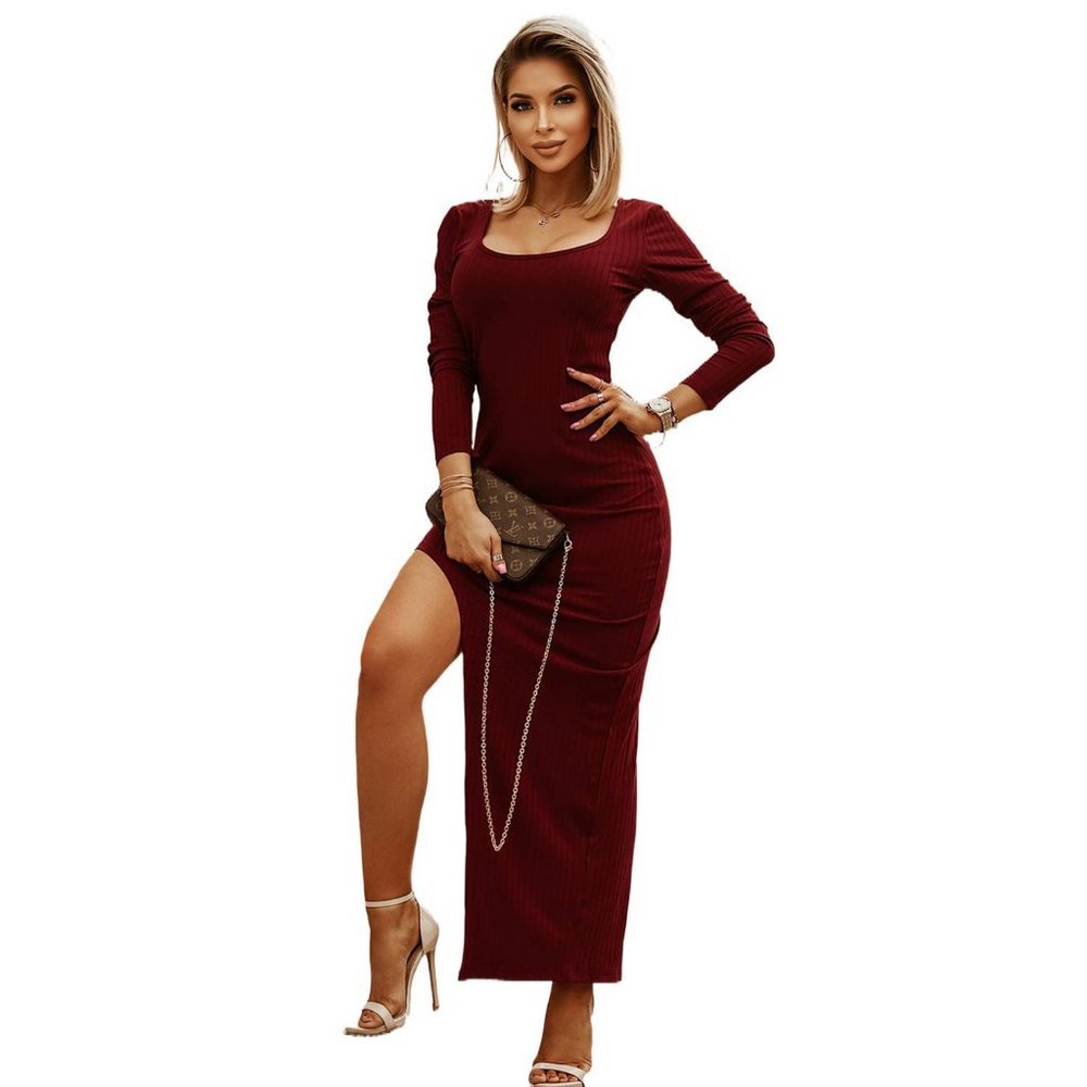 Burgundy Scoop Neck Long Sleeve Rib Knit Bodycon Dress with Split - Picture 3 of 5